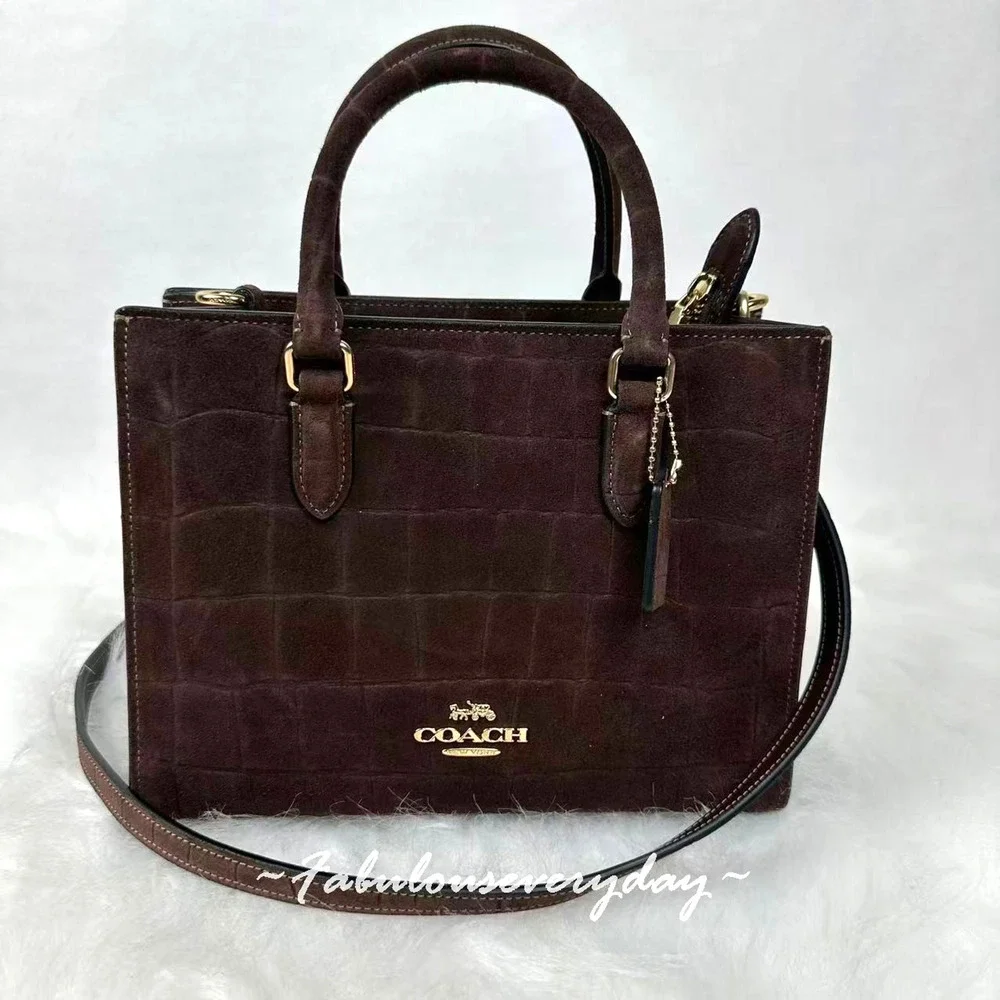 Coach Maggie Small Tote Bag Xbody CCC71 Crocodile-embossed Suede/Gold/Maple NWT